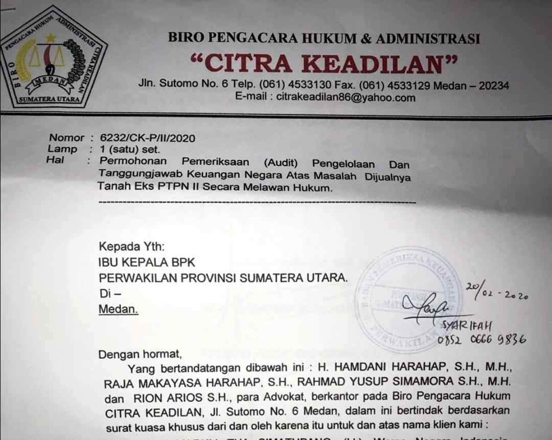 Kasus Lahan Eks HGU PTPN II,  Kuasa Hukum 6 Aktivis Antikorupsi Sumut Minta BPK Audit Investigatif
