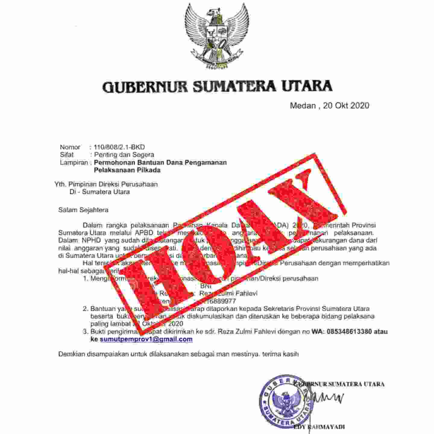 Beredar Surat Palsu Gubernur Sumut Mohon Dana Pengamanan Pilkada
