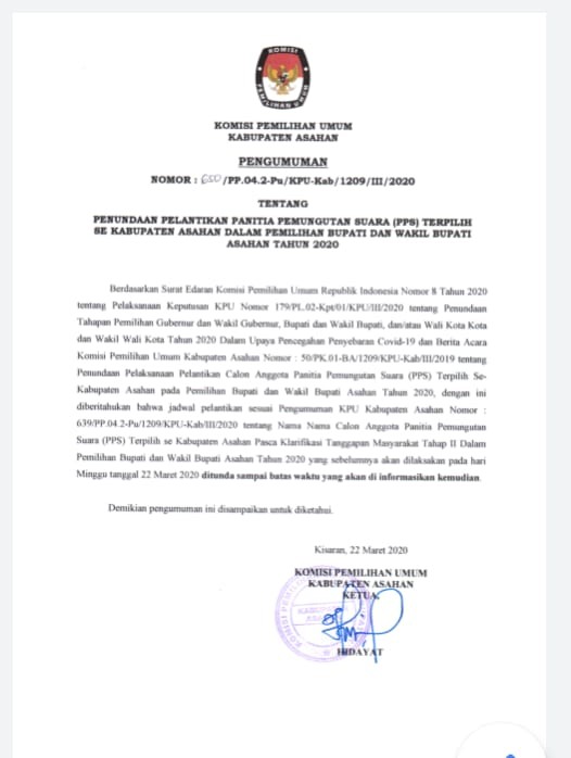 Antisipasi Corona, KPU Asahan Undur Pelantikan PPS