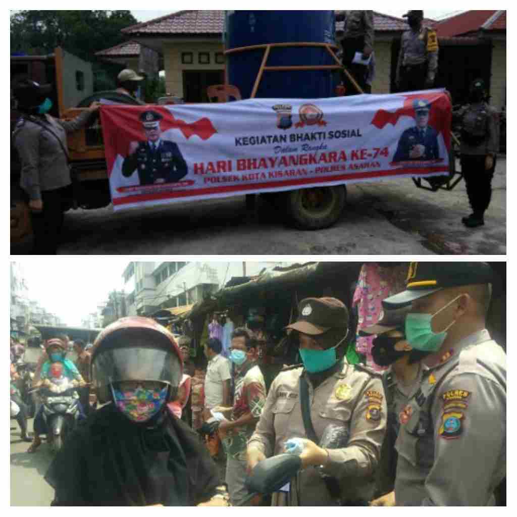 Sambut Hari Bhayangkara Ke 74 Polsek Kota Kisaran Semprotkan Disinfektan Dan Bagikan Masker 