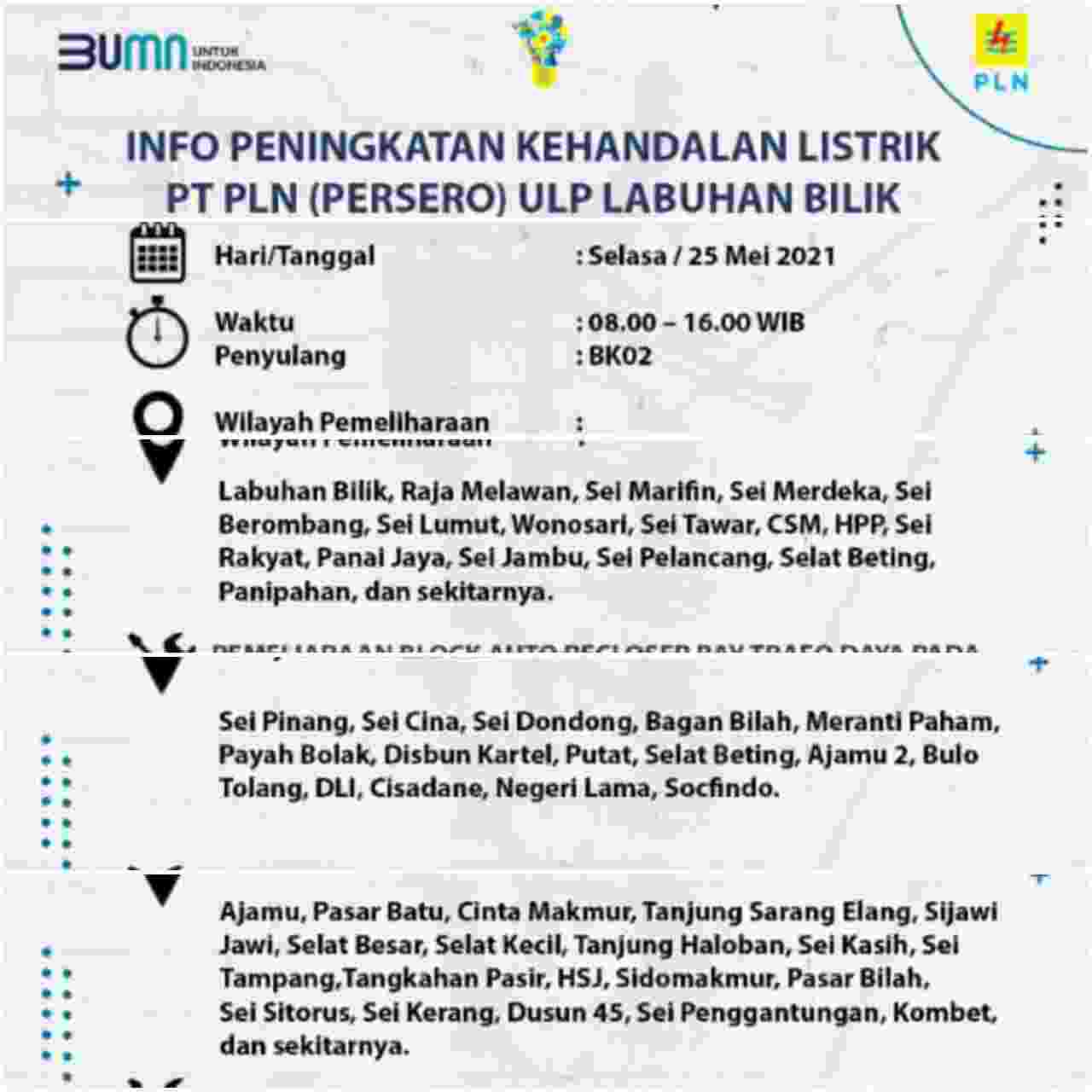 Besok PLN Wilayah Kerja Labuhan Bilik Lakukan Pemadaman Serentak, Ini Daerahnya