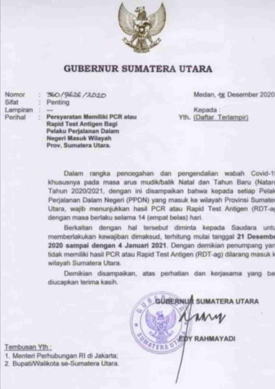 Surat Edaran Gubsu Beredar di Medsos Warga Masuk Sumut Wajib Rapid Test Antigen