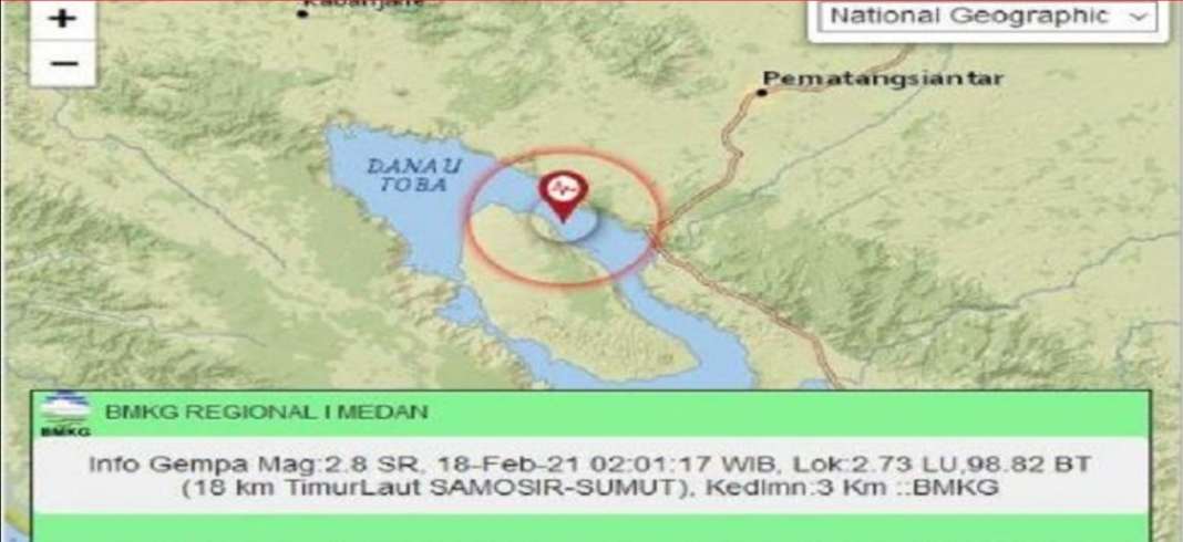 Gempa Bermagnitudo 2,8 Guncang Pulau Samosir